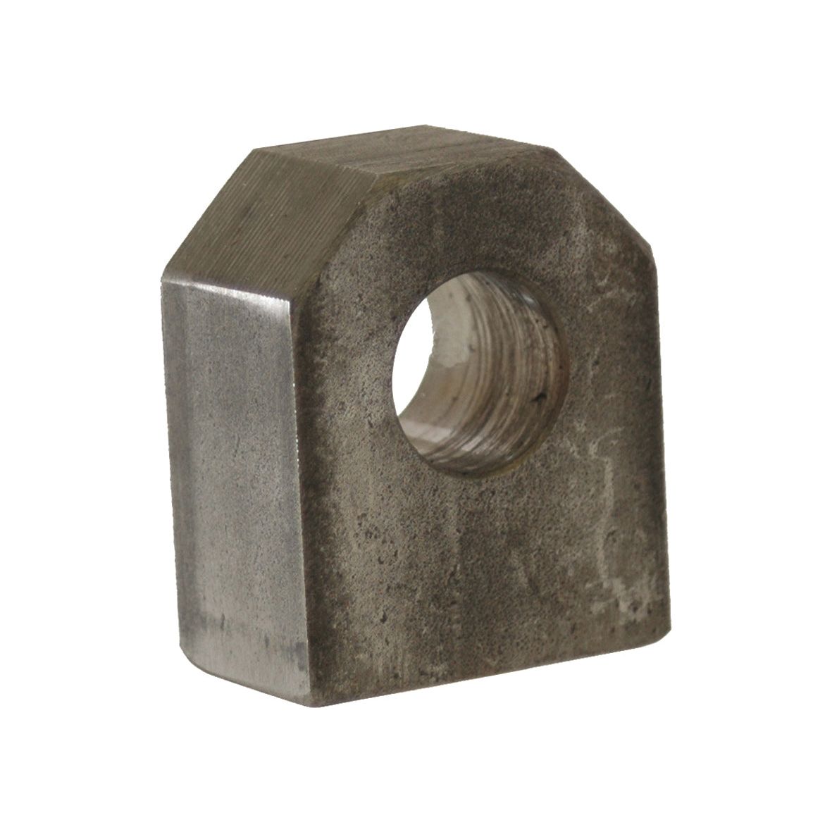 A metal, hexagonal block with a central circular hole, meeting Sparex product specifications for the WELD-ON EYE 25MM | Sparex Part No. S.31212.