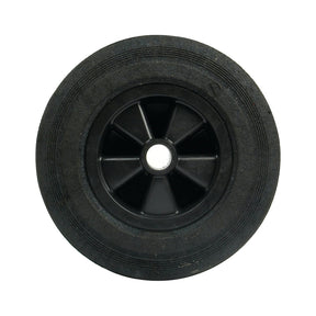 A Wheel Jack Replacement Wheel (Ø 200mm) - S.5163 by Sparex, featuring a black rubber exterior with circular grooves and a smooth texture, along with a solid plastic hub that includes a central white hole for axle attachment. The wheel is 50mm in width.