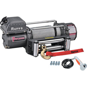 A Sparex WINCH-12V 8000LBS CAPACITY (Sparex Part No.S.13214) with an 8000 lbs capacity, attached steel cable, hook, and red strap. It includes mounting bolts and a handheld control switch with a cable.