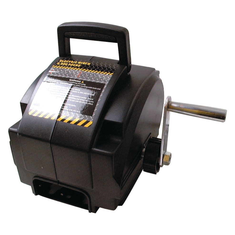 A black manual winch with a handle and crank lever from Sparex, featuring a warning label on the top - Sparex Part No.S.13253.