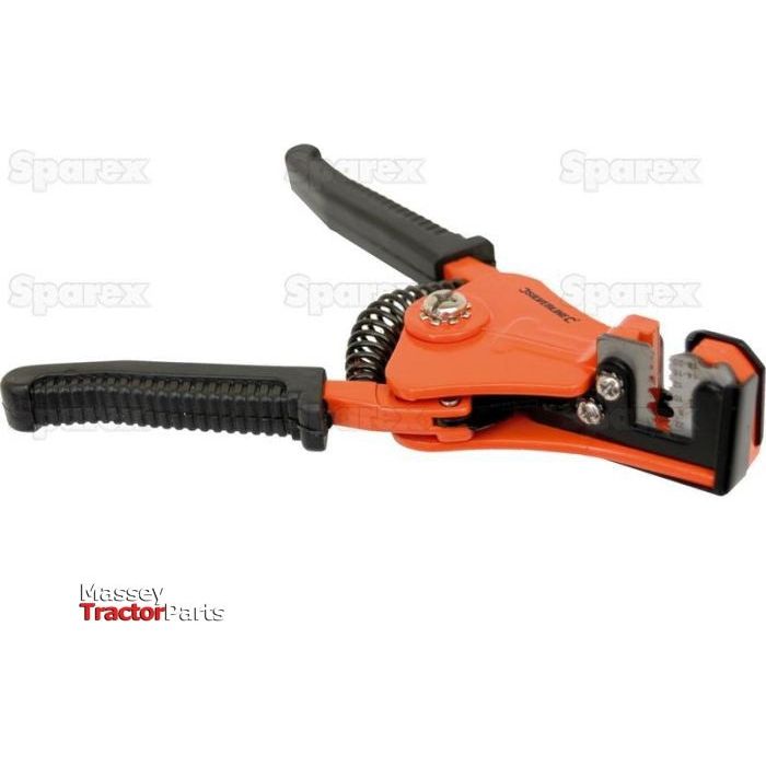 Introducing the Wire Stripper - Automatic by Sparex (Part No. S.20528) featuring a stylish orange and black design, along with prominent "Sparex" and "Massey Tractor Parts" logos, perfect for accommodating various wire diameters.