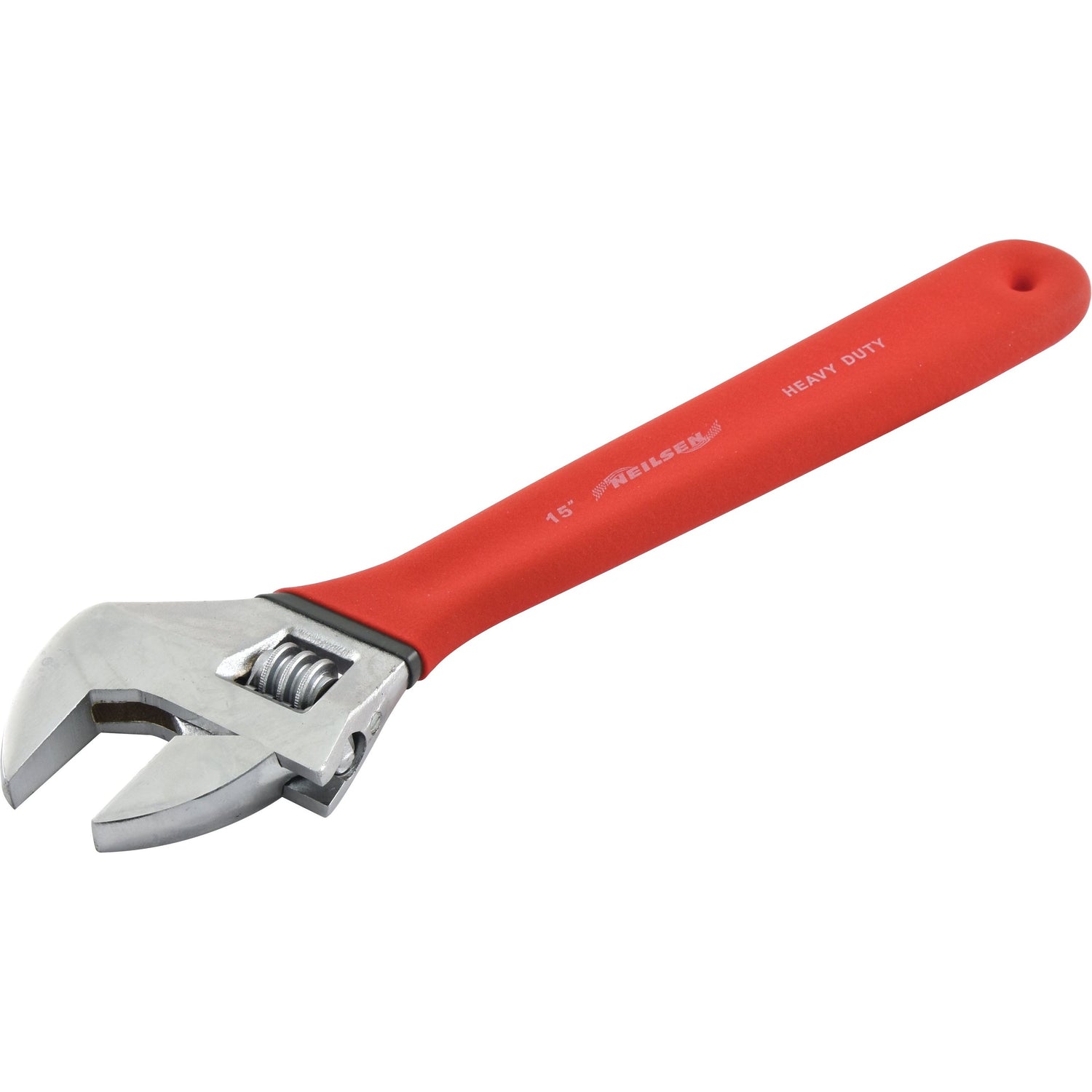 The Adjustable Spanner - Length 380mm (15'') by Sparex, Part No. S.4989, is a heavy-duty tool with a red handle and metal jaw, designed for gripping and turning objects. Ideal for precise tasks requiring specific jaw widths, this high-quality and durable spanner is available through Sparex and Agripak.