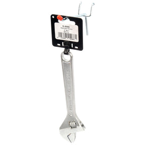 A Sparex Adjustable Spanner - Length 200mm (8'') with a jaw width and length clearly marked on a black and white product tag, hanging proudly on an Agripak pegboard hook.