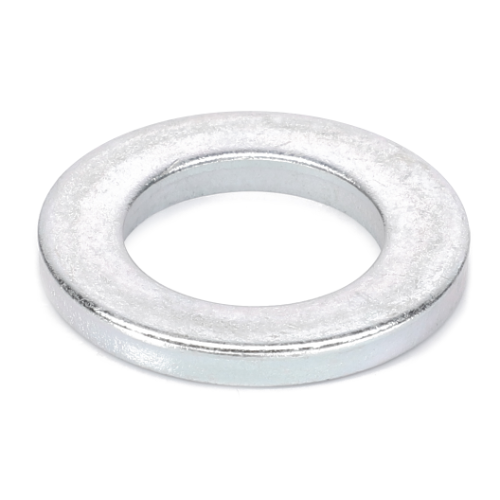 A close-up of the Massey Ferguson Washer with product number 3019558X1, manufactured by AGCO, showcasing its metallic finish and central circular hole, commonly utilized in hardware applications and as a component for Massey Ferguson 5400 Series models.