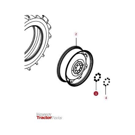 Illustration showing an exploded view of a tractor wheel assembly, featuring individual parts such as the tire, rim, and associated hardware. Markings with numbers 2, 3, and 4 indicate specific Massey Ferguson parts from AGCO and fitment information for accurate assembly. Specifically highlighted is the Massey Ferguson Washer - 3410536M1.
