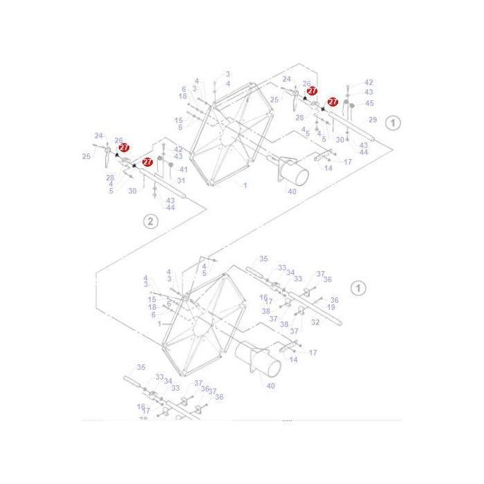 Technical diagram of a mechanical assembly for the Massey Ferguson - Washer - D20400586 by AGCO, showcasing numbered components including two major wheel-like structures and an interconnected system of rods, screws, and typical tractor parts found in Massey Ferguson Combine 7200 Series.
