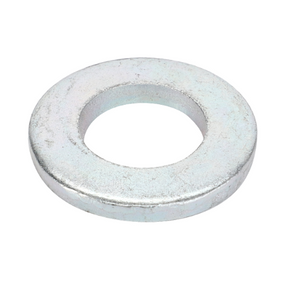 The Massey Ferguson - Washer Flat M16 (3585377M1) by AGCO is a silver steel flat washer with a round central hole, designed to distribute the load of a threaded fastener in mechanical assemblies, making it ideal for use in tractor parts of the Massey Ferguson 200 Series.