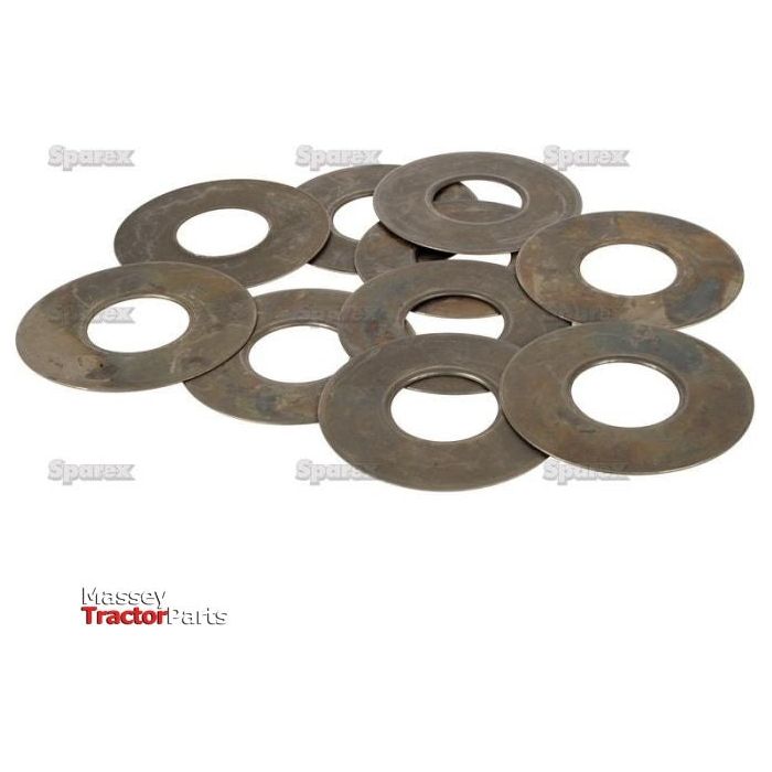 A pile of circular metal washers with central holes, labeled "Hydraulic Pump Washer | Sparex Part No.S.107358," are designed for use as Hydraulic Pump Washers. The Massey Ferguson logo is visible in the bottom left corner, adding a touch of authenticity to the parts.