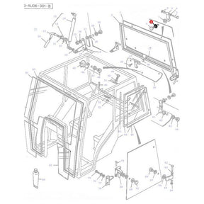 A technical drawing of a Massey Ferguson vehicle cab assembly, part of the AGCO brand's 300 Series, showcasing various tractor parts. The diagram includes labeled structural components like doors, windows, mounting brackets, and specific parts such as the Washer/Rubber with product number 3476131M1.