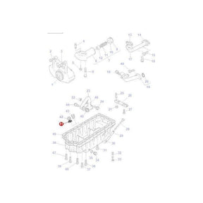 A technical diagram of a Massey Ferguson 200 Series engine assembly details the components, each numbered and labeled. Notably, item 42, the oil pan, is highlighted in red. The illustration showcases various tractor parts including bolts, covers, and brackets. Featured within this assembly is the AGCO branded product: Massey Ferguson - Washer Sump Bung (part number 1476281X1).