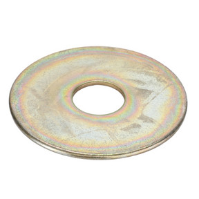 A flat, metallic washer with a central hole and a slight iridescent finish, ideal for Massey Ferguson 100 Series tractor parts, specifically the AGCO Massey Ferguson Washer Tank Mount (Part Number: 890486M1).