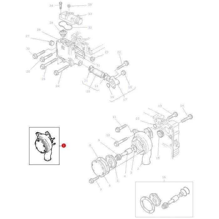 Exploded diagram of a mechanical assembly, such as the Massey Ferguson Water Pump 4223109M91 by AGCO, with numbered parts showing the disassembly of components including screws, shafts, and gears. Two detailed insets focus on specific components for clarity.