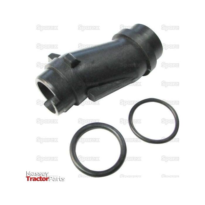 The black plastic offset connector fitting is part of the Water Pump Adapter Kit - S.58980, featuring two O-rings and positioned against a plain white background. The branding text "Sparex" and "Massey Tractor Parts" is also visible in the background.
