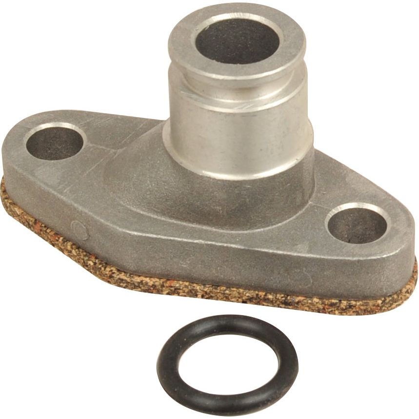 Water Pump Adapter Kit, compatible with Universal Tractors and including Sparex parts, featuring a tubular extension, two bolt holes, and a cork gasket. A separate black rubber O-ring is also pictured. (Sparex Part No.S.62260)