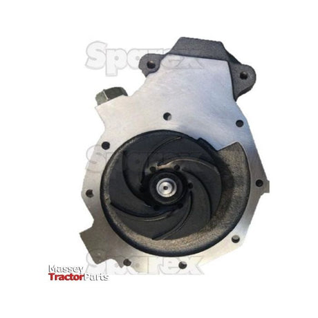 An image of a Water Pump Assembly (Sparex Part No.S.141007) with "Sparex" and "Massey Tractor Parts" logos in the background. The pump, essential for John Deere and similar models, features a metal housing, black impeller, and includes a gasket for secure installation.