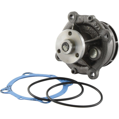 The Sparex Water Pump Assembly (Part No. S.39899) is displayed, featuring a metallic pump unit, a blue gasket, and a black rubber O-ring placed on a white background. The design is reminiscent of high-performance machinery like the Lamborghini R6 or Deutz-Fahr AGROTRON.