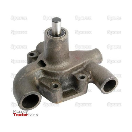 A metal tractor part labeled "Massey Tractor Parts," featuring three cylindrical openings, mounting holes, and a V-Style Pulley, known as the Water Pump Assembly with Sparex Part No.S.40035 from the brand Sparex.