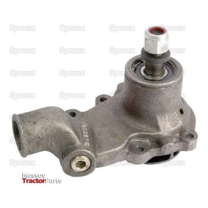 Close-up of a metal water pump for a Massey Ferguson tractor, featuring a cylindrical assembly with multiple mounting holes. The words "Massey Tractor Parts" and "Sparex Water Pump Assembly | Sparex Part No.S.40037" are visible in the background.