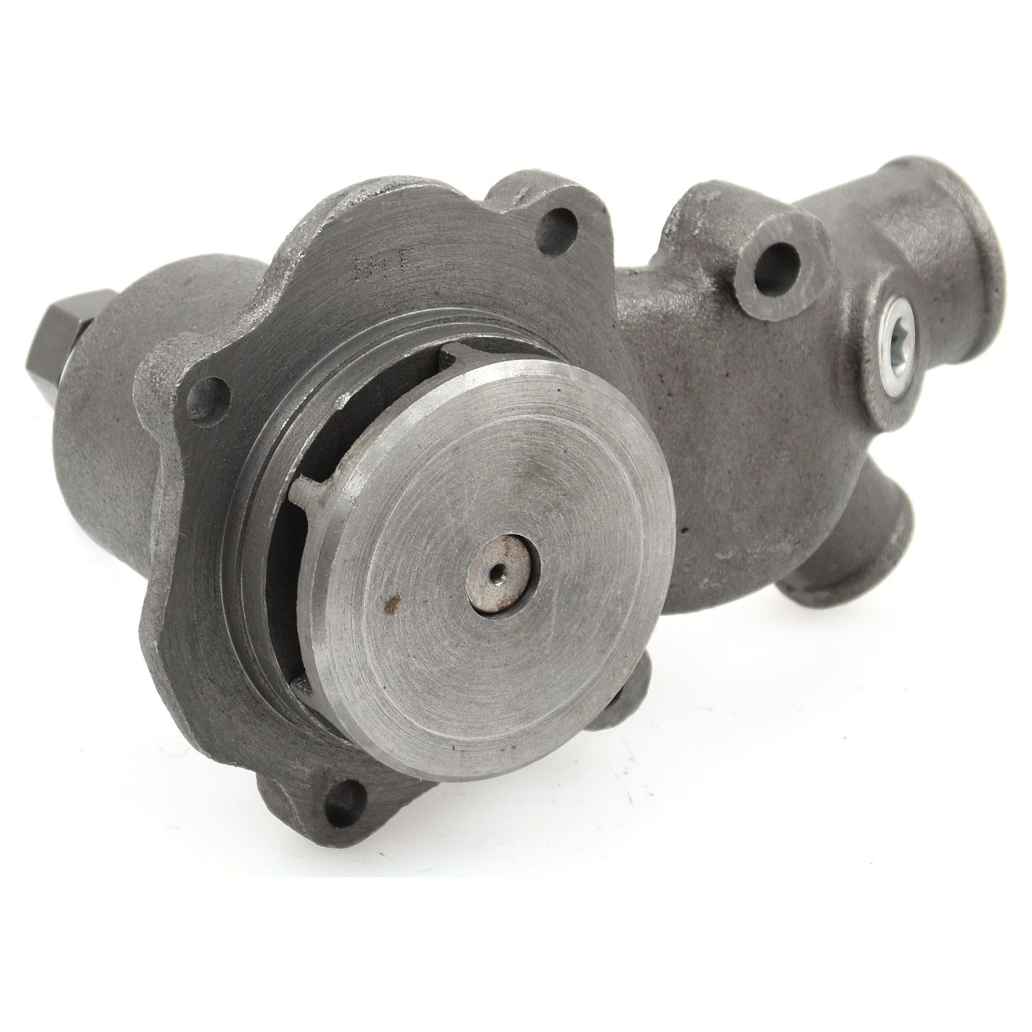 The Sparex Water Pump Assembly - S.40038 is an industrial metal component with a cylindrical body, two mounting holes, and a circular disc on one end featuring grooves, potentially used in mechanical or automotive systems.