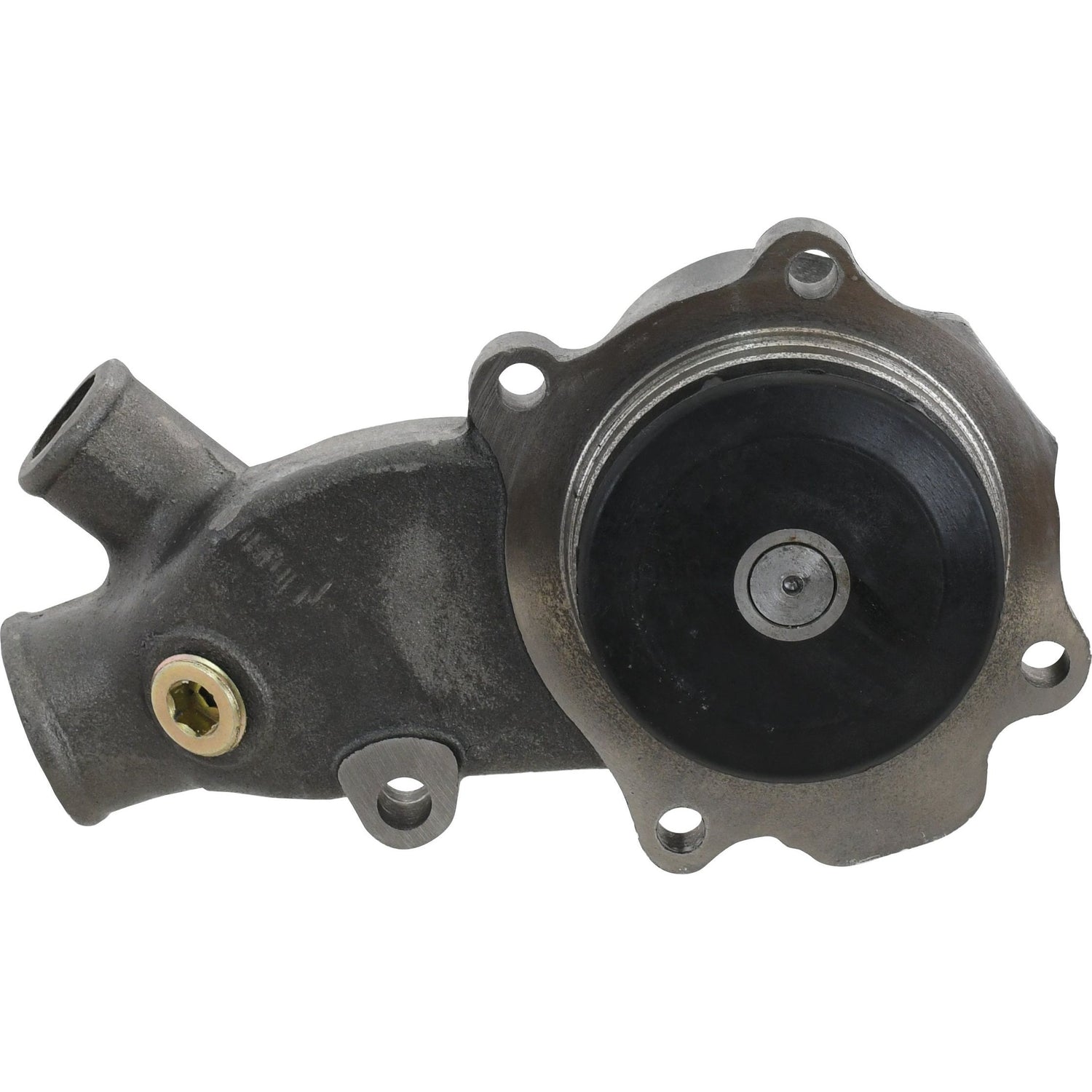 The Sparex Water Pump Assembly (Part No. S.41593) features a round black central housing, multiple bolt holes around the perimeter, and an efficient impeller designed for optimal coolant flow. This durable pump is compatible with Perkins engines and ensures reliable performance. Conveniently available through Sparex for your needs.
