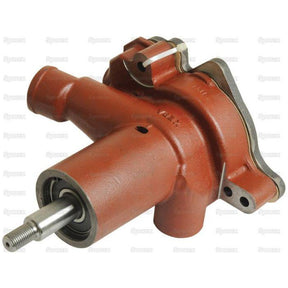 The Sparex Water Pump Assembly (Sparex Part No. S.57993) is a metal mechanical part with a cylindrical body and a protruding shaft, painted red, featuring flange mounts and bolt holes, suitable for Valmet machinery.