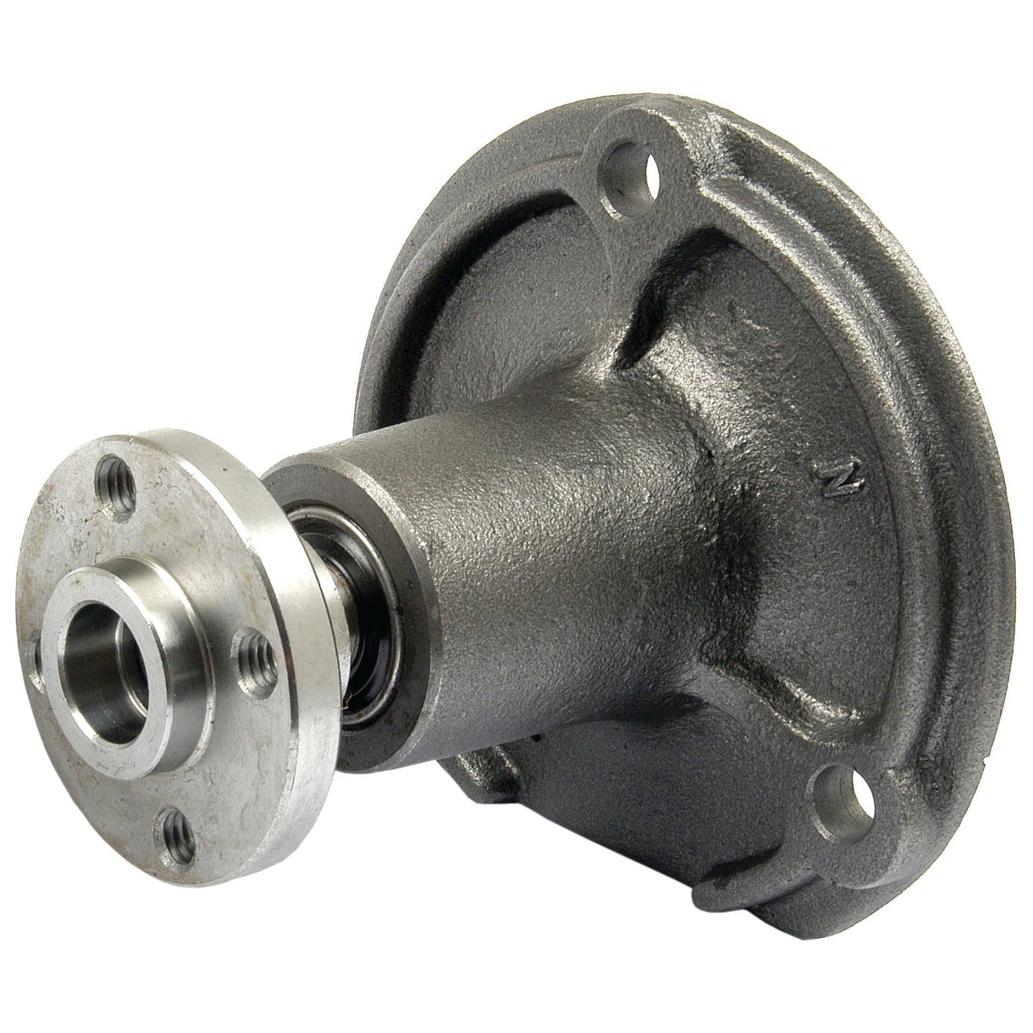 The Sparex Water Pump Assembly (Part No. S.60125) features a robust metal flanged housing with a cylindrical shaft, a Poly-Vee Pulley attachment, and a circular mounting plate with bolt holes for secure installation.