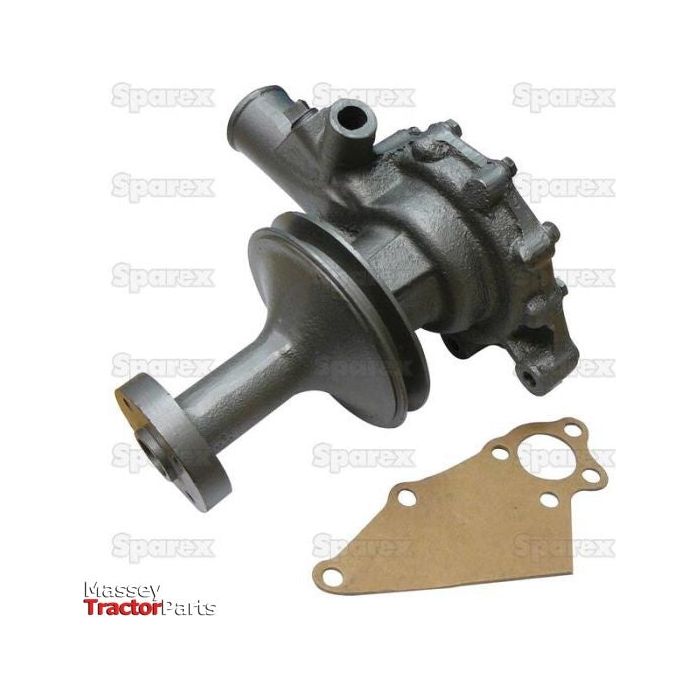 A metal automotive water pump and a gasket are shown, positioned against a plain white background. This Water Pump Assembly (Sparex Part No.S.60292) is suitable for Ford New Holland models, ensuring reliable performance.