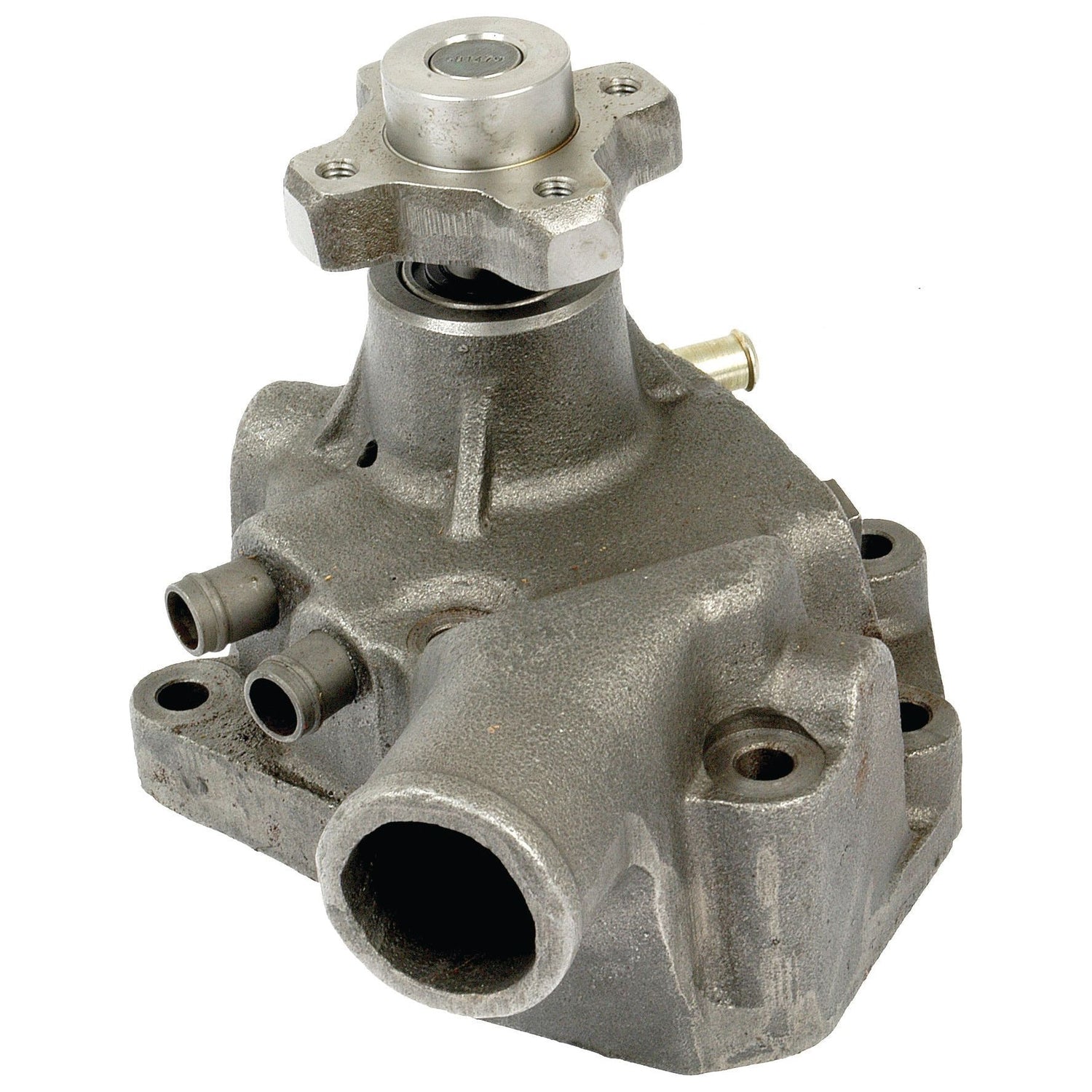 A Sparex Water Pump Assembly - S.61458 featuring a robust metal housing with various ports, detailed grooves with a hub, and a central rotating component with an impeller measuring Ø 94.4 mm.
