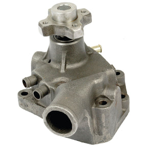 The Sparex Water Pump Assembly - S.61458 is a metal mechanical component with several ports and a knob at the top, featuring threaded openings, grooves with a hub, and a base for mounting.