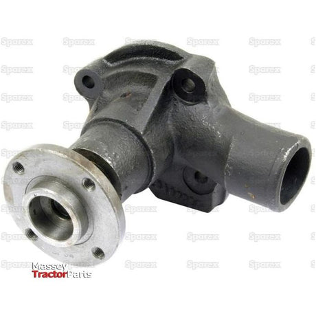 Close-up of a metallic mechanical part with multiple flanges and cylindrical openings, likely an engine or machinery component, on a plain background. The words "Sparex Part No.S.65015 Water Pump Assembly (Supplied with Pulley)" are visible.
