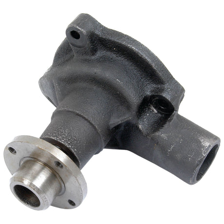 The Water Pump Assembly (Supplied with Pulley) - S.66718 by Sparex is a metal industrial component featuring a cylindrical end and a 4 bolt hole flange with several mounting points, likely used in mechanical assemblies.