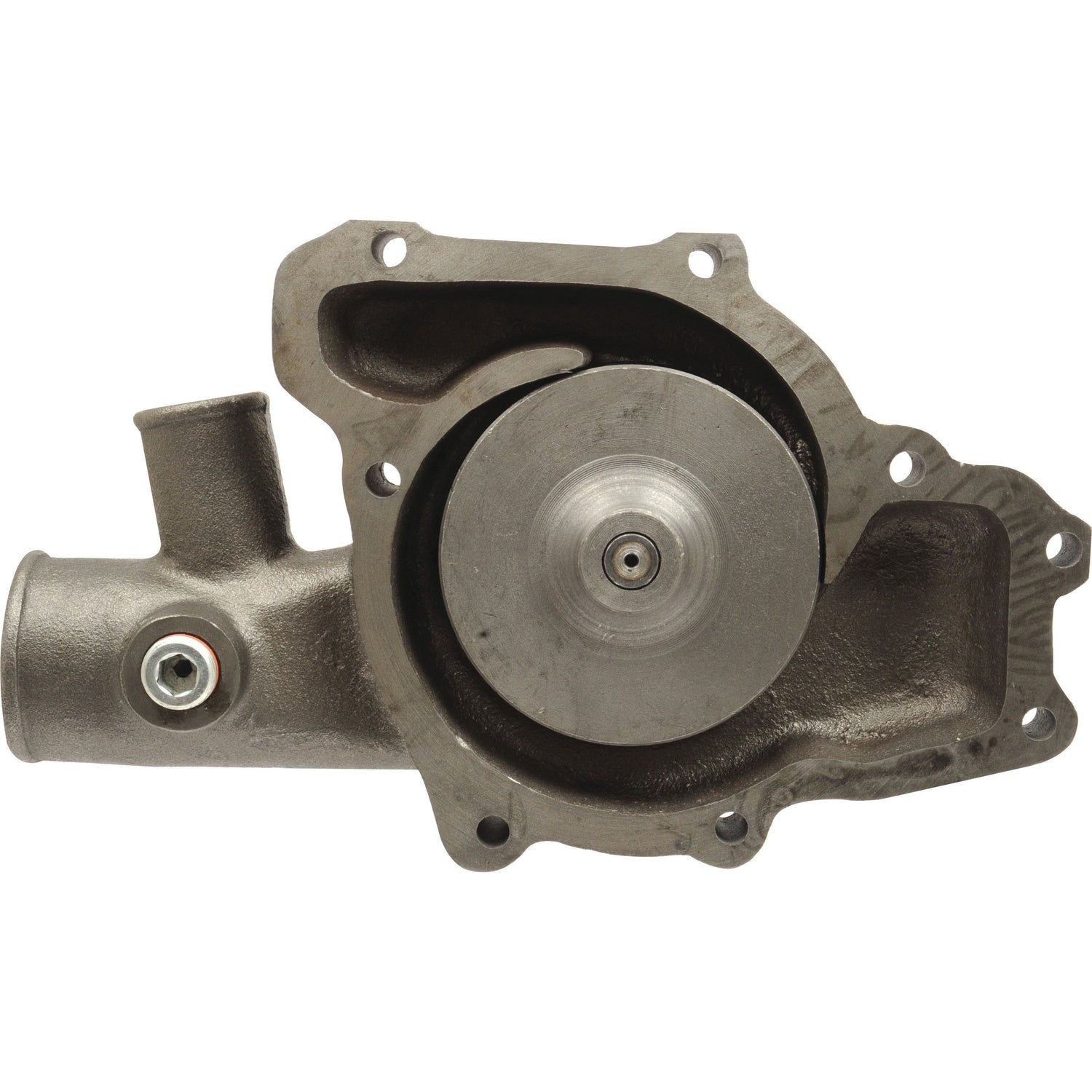A metal automotive water pump with a circular central component and multiple mounting holes for attachment, featuring the Sparex Impeller commonly used in Massey Ferguson and Perkins U5MW0129 engines is available as the Water Pump Assembly (Supplied with Pulley) from Sparex, Part No.S.69270.