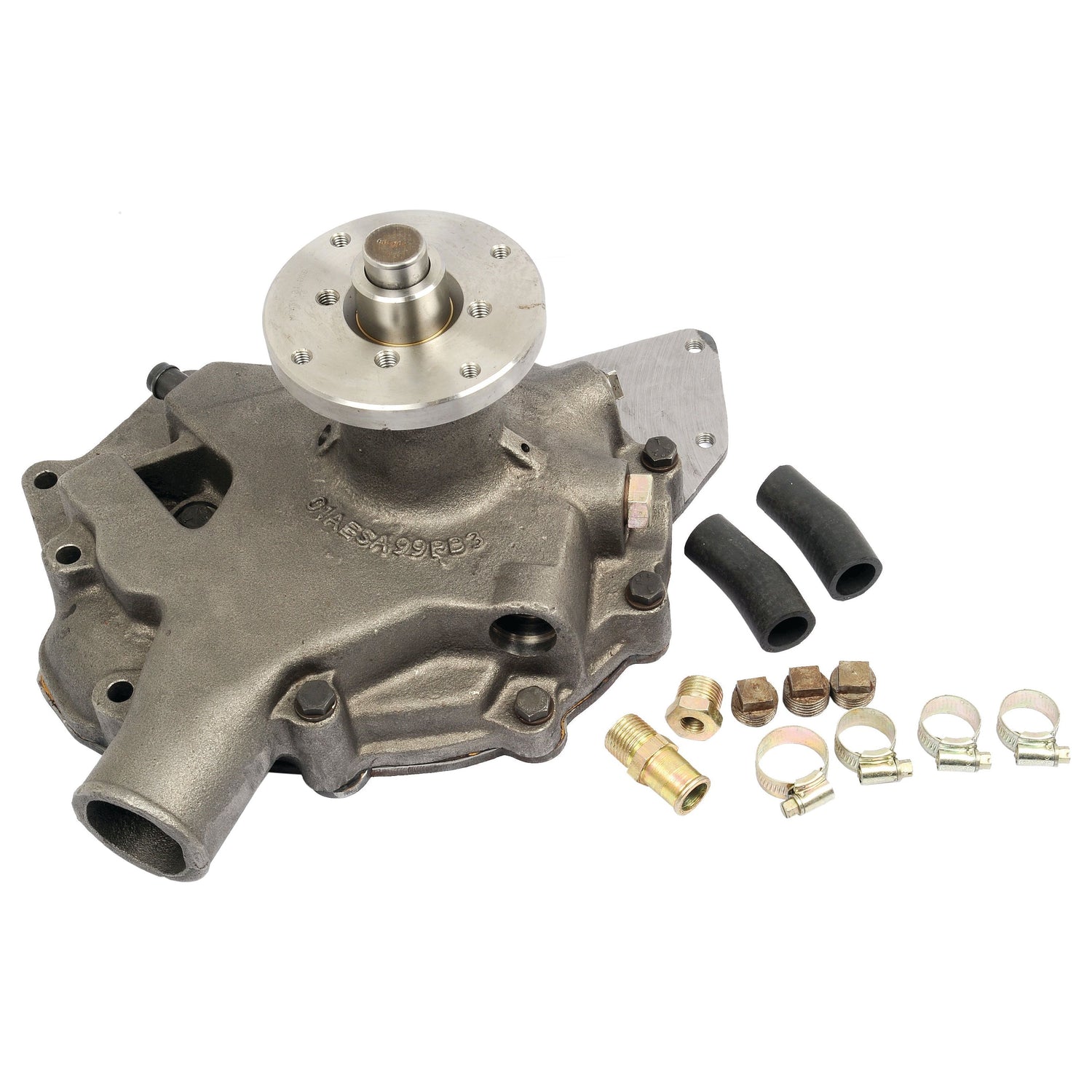 A gray automotive Water Pump Assembly (Supplied with Pulley) by Sparex, featuring an impeller, is presented alongside hoses, clamps, and fittings arranged around it against a white background.