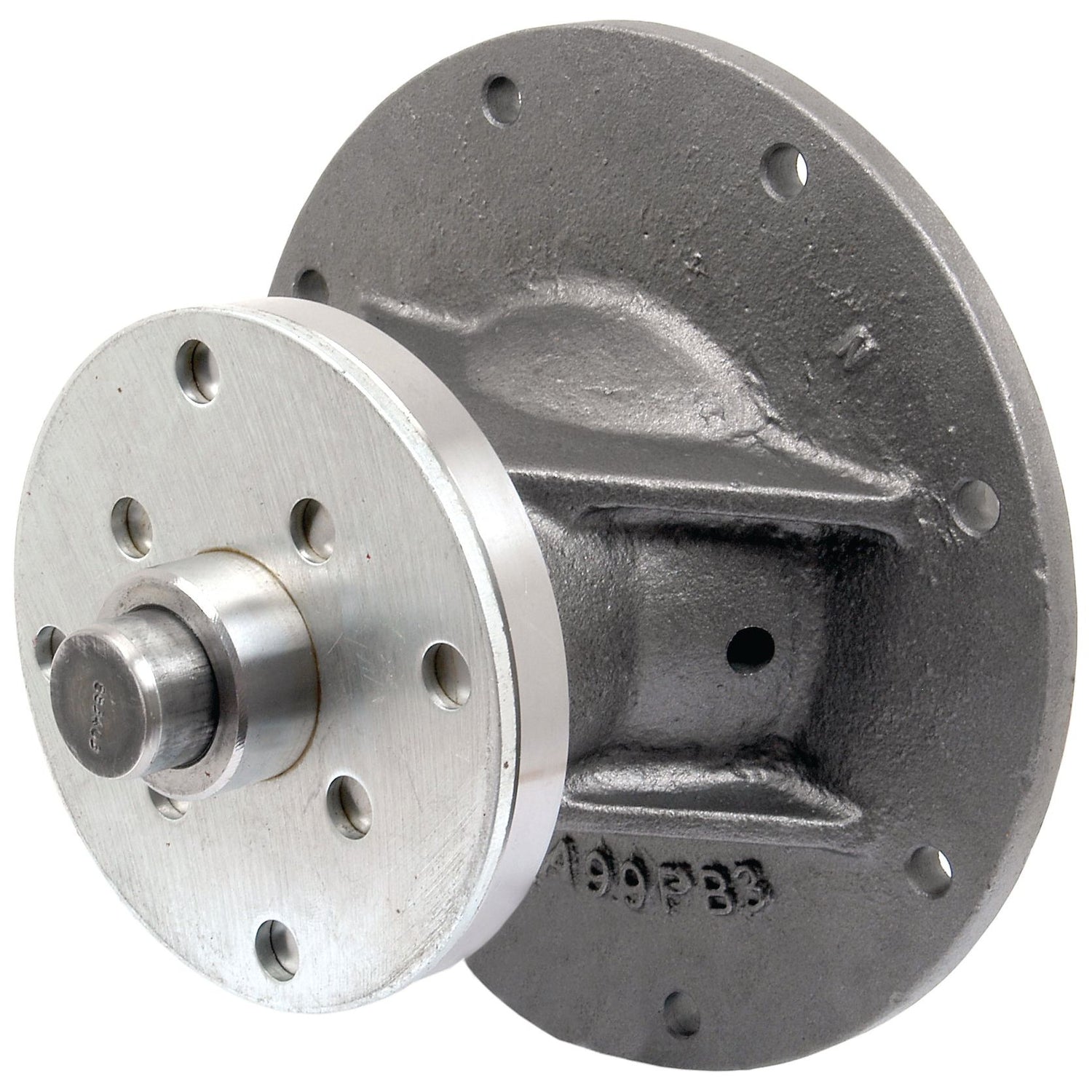 A Water Pump Assembly with multiple bolt holes and a central shaft, compatible with John Deere parts, used in machinery or automotive applications. This is the Sparex Brand Part No. S.75837.