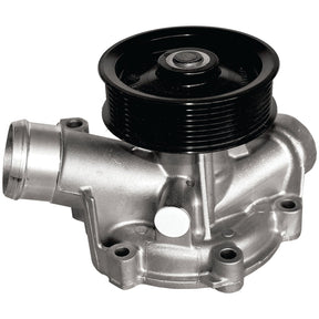 Image of a Sparex Water Pump Assembly (Supplied with Pulley) | Sparex Part No.S.39897 in silver, featuring a black pulley on top, with various openings and mounting points for installation, suitable for Fendt FARMER models.