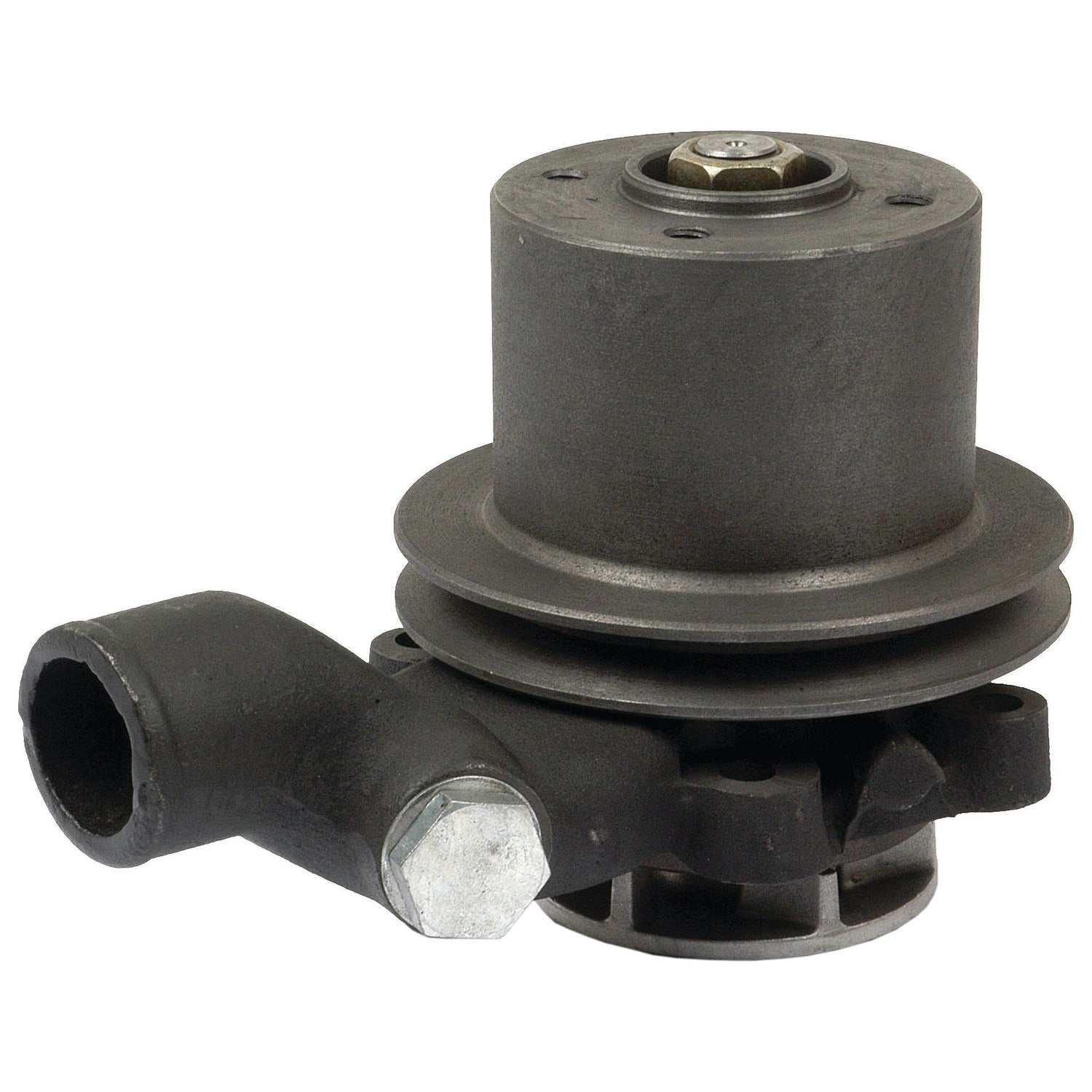 A Water Pump Assembly with a cylindrical top section, a hexagonal bolt, and a curved pipe extending outwards, suitable for various vehicle types. This product is the Sparex Water Pump Assembly (Supplied with Pulley) - S.48020.