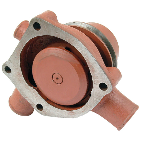Close-up of a Sparex Water Pump Assembly (Supplied with Pulley) - S.48029, featuring a metal construction with red-painted mechanical parts, a V-Style Pulley, a cylindrical body, and multiple mounting points.
