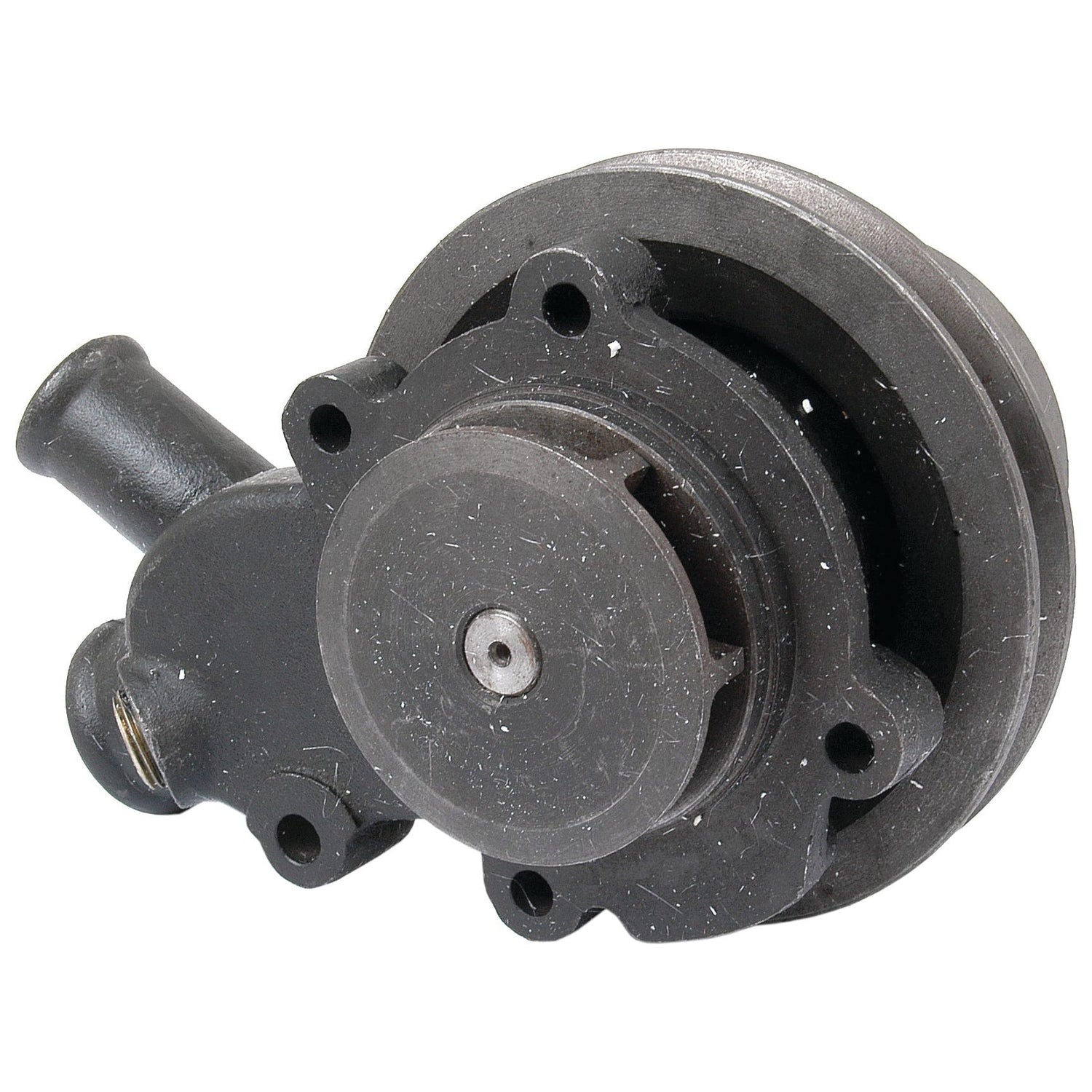 A black Water Pump Assembly (Supplied with Pulley) - S.48061 from Sparex, featuring round and cylindrical parts, multiple bolt holes, and a protruding pipe, serving as an alternative to the S.41593 pump or motor part.