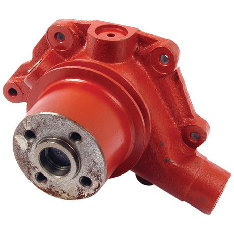 A Sparex Water Pump Assembly (Supplied with Pulley), part number S.57755, featuring a red metallic finish with multiple bolt holes and a cylindrical protrusion, showing visible signs of wear on the surface, resembling an International Harvester component.