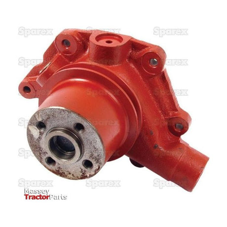 A red metallic Water Pump Assembly (Supplied with Pulley, Sparex Part No.S.57755) featuring mounting holes and a cylindrical extension is shown against a white background with faint "Sparex" watermarks. "Massey Tractor Parts" is written in the bottom left corner, indicating compatibility beyond International Harvester models.