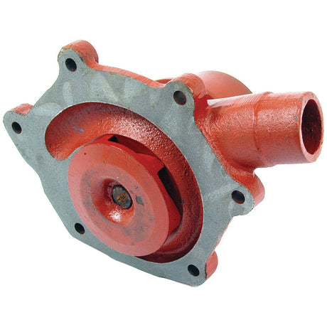 The Sparex Water Pump Assembly (Supplied with Pulley), part number S.57755, features a red and silver metal construction, a Sparex Impeller, multiple mounting holes, and a cylindrical pipe outlet designed for International Harvester models.