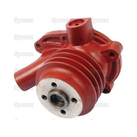 The Water Pump Assembly with Pulley, known as Sparex Part No. S.57756, features a red, metal component with a triple groove design and a silver circular base that includes several holes. It closely resembles the Poly-Vee Pulley commonly used in International Harvester machinery.