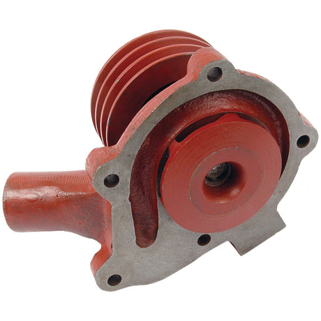The Sparex Water Pump Assembly (Supplied with Pulley), part number S.57756, is a rust-colored unit featuring a centrifugal impeller, cast iron housing, and a Poly-Vee pulley, commonly used in automotive cooling systems.