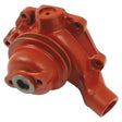 A Sparex Water Pump Assembly (Supplied with Pulley), Part No. S.57759, features a red cast iron construction, multiple mounting holes, and a cylindrical outlet designed to fit seamlessly with a V-Style Pulley.