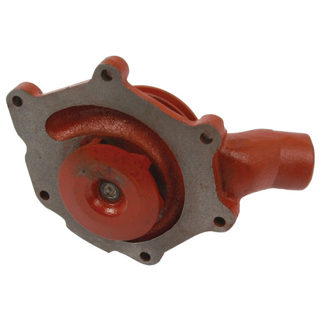 A red mechanical component with a metallic base, featuring multiple bolt holes and a cylindrical outlet, much like the Water Pump Assembly (Supplied with Pulley) - Sparex Part No.S.57759 by Sparex.