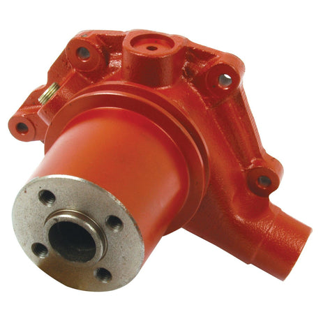 The Water Pump Assembly (Supplied with Pulley) by Sparex, Part No. S.57760, is a red metal mechanical component featuring a cylindrical extension and multiple mounting holes, specifically designed to fit seamlessly with Case IH systems.