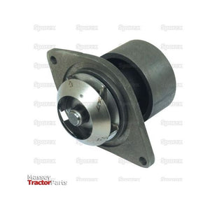 A metallic machinery part with a flange, cylindrical body, and rotating component, labeled "Sparex Water Pump Assembly (Supplied with Pulley)," featuring a V-Style Pulley.