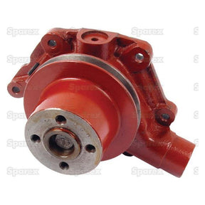 A red metal water pump assembly with a circular base and multiple mounting holes, featuring the text "Sparex" watermarked repeatedly in the background, ideal for Case IH applications. Product: Water Pump Assembly (Supplied with Pulley) | Sparex Part No.S.57868.