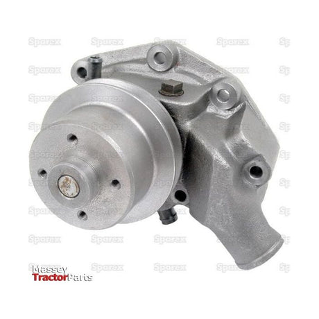 A silver metal engine part for Massey Tractor Parts with multiple holes and bolts, mounted on a white background. The Sparex Water Pump Assembly (Supplied with Pulley) - S.60439, featuring a V-Style Pulley design, appears to be part of the water pump system.