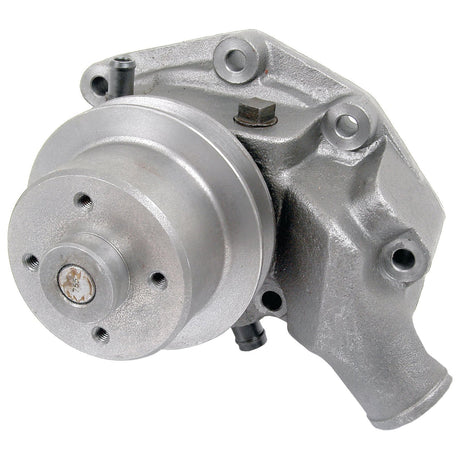 A Sparex Water Pump Assembly (Supplied with Pulley) - S.60439, in silver, includes multiple bolt holes and a cylindrical component extending from its body, featuring a specially designed impeller for efficient coolant circulation in an engine.
